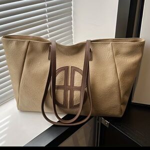 Elegant Women’s Tan Tote Bag with Brown Logo and Straps Faux Soft Leather NWT